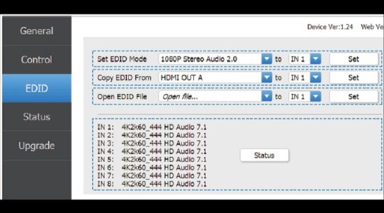 Menù di controllo EDID su matrice SE MS-HBT88B70-KIT