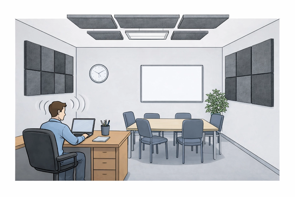 Ambiente lavorativo con trattamento acustico per la riduzione del riverbero